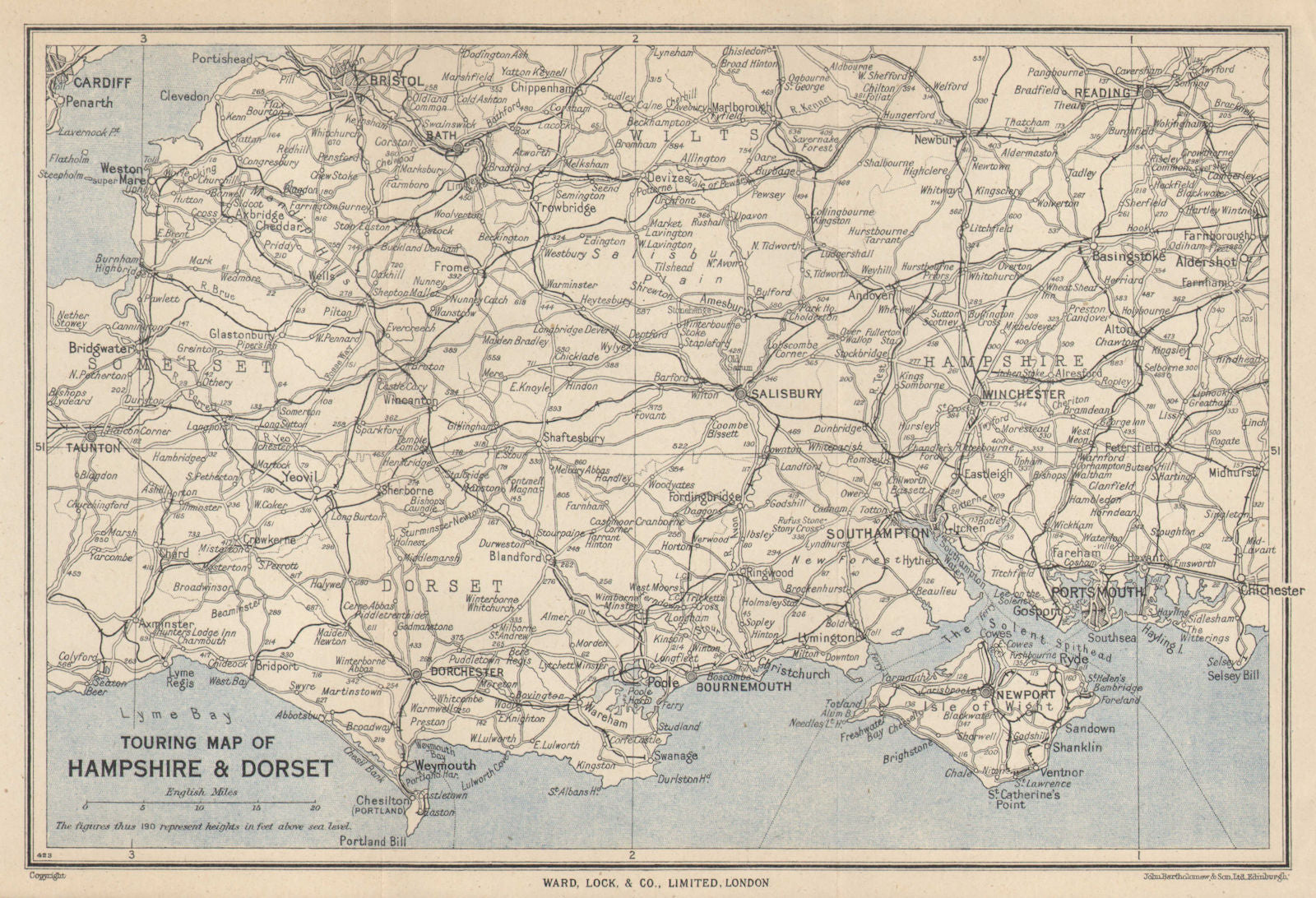 TOURING MAP OF HAMPSHIRE & DORSET. Wiltshire Somerset. WARD LOCK 1951 old